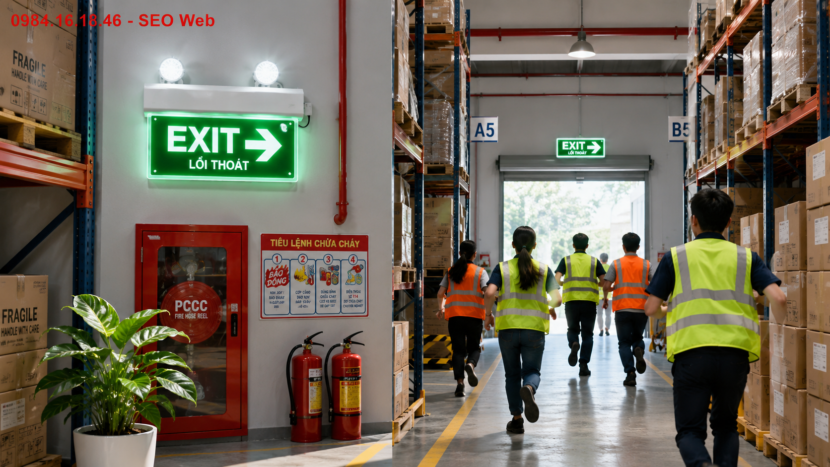 Đèn Exit hỗ trợ định hướng rõ ràng giúp công nhân di chuyển an toàn