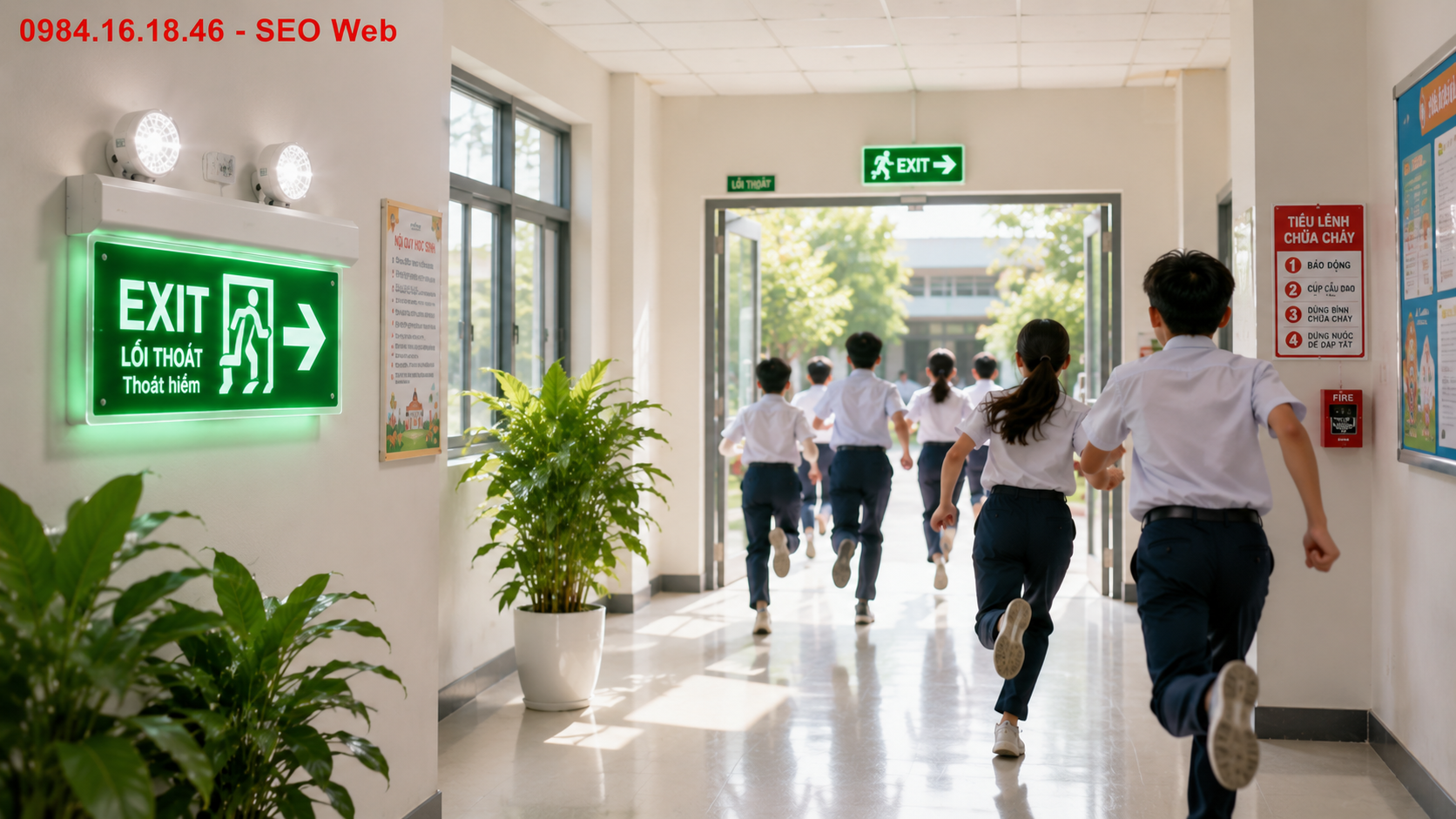 Đèn Exit giúp định hướng thoát nạn rõ ràng trong môi trường trường học đông người