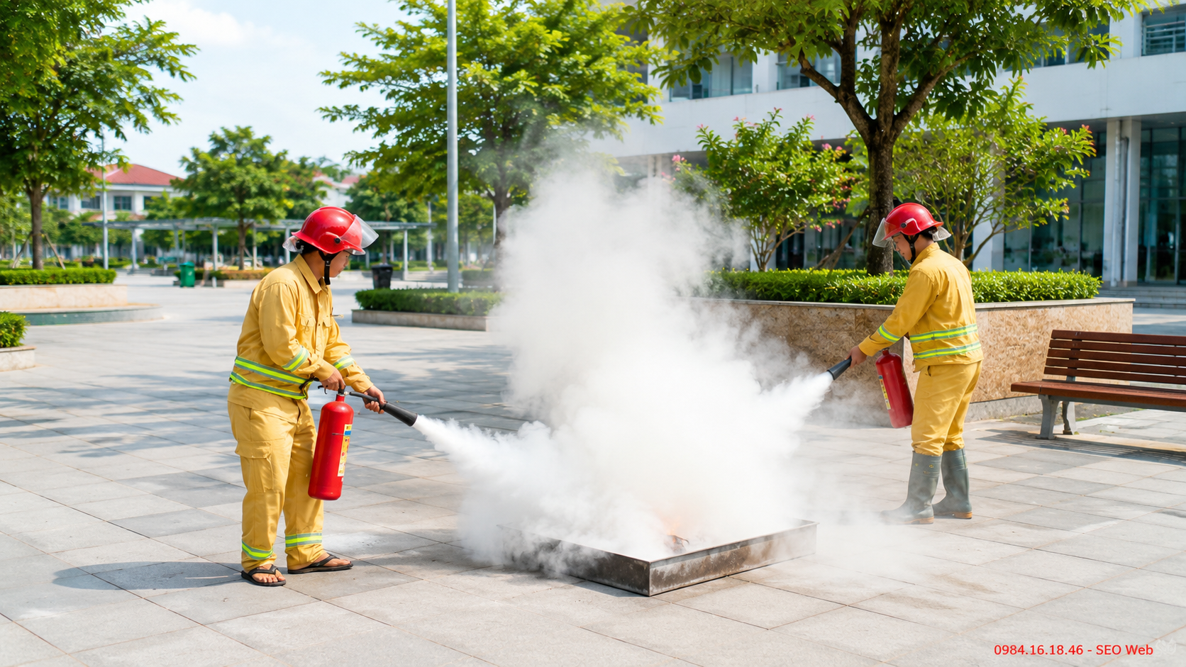 Người lao động tham gia huấn luyện sử dụng bình chữa cháy định kỳ