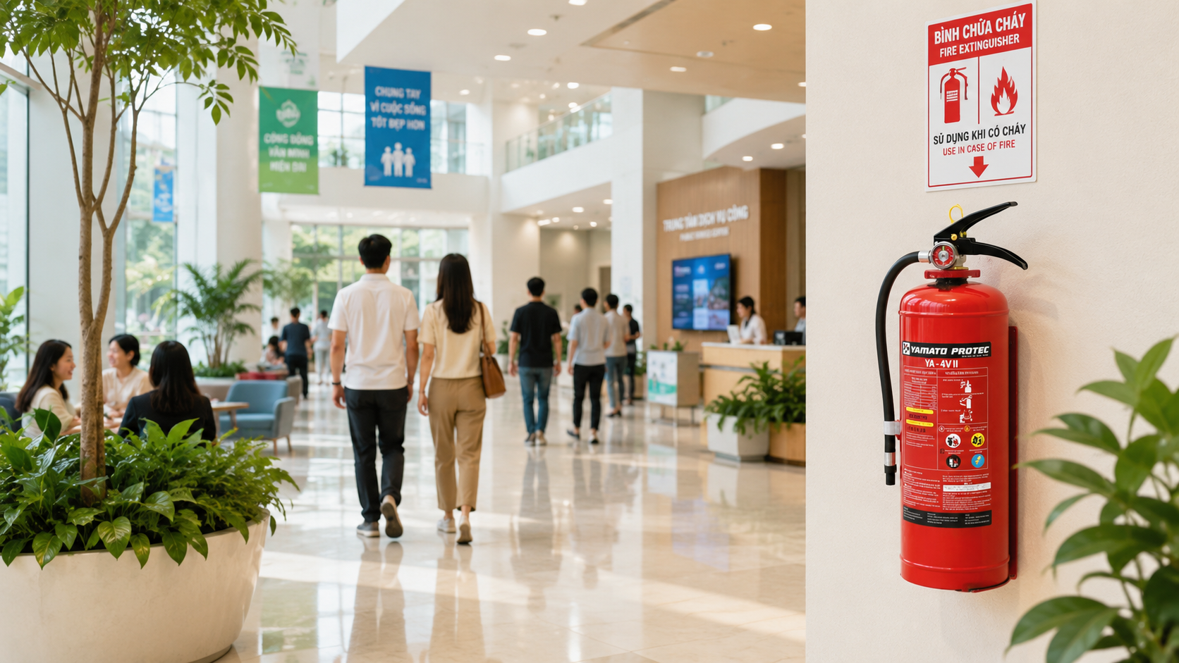 Bình chữa cháy Yamato lắp đặt tại hành lang trường học bệnh viện