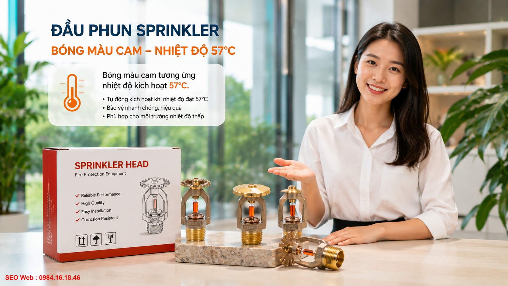 Nhận biết bóng Sprinkler nhiệt độ thấp qua màu cam Bóng thủy tinh màu cam biểu thị mức nhiệt kích hoạt khoảng 57°C trên đầu phun Sprinkler