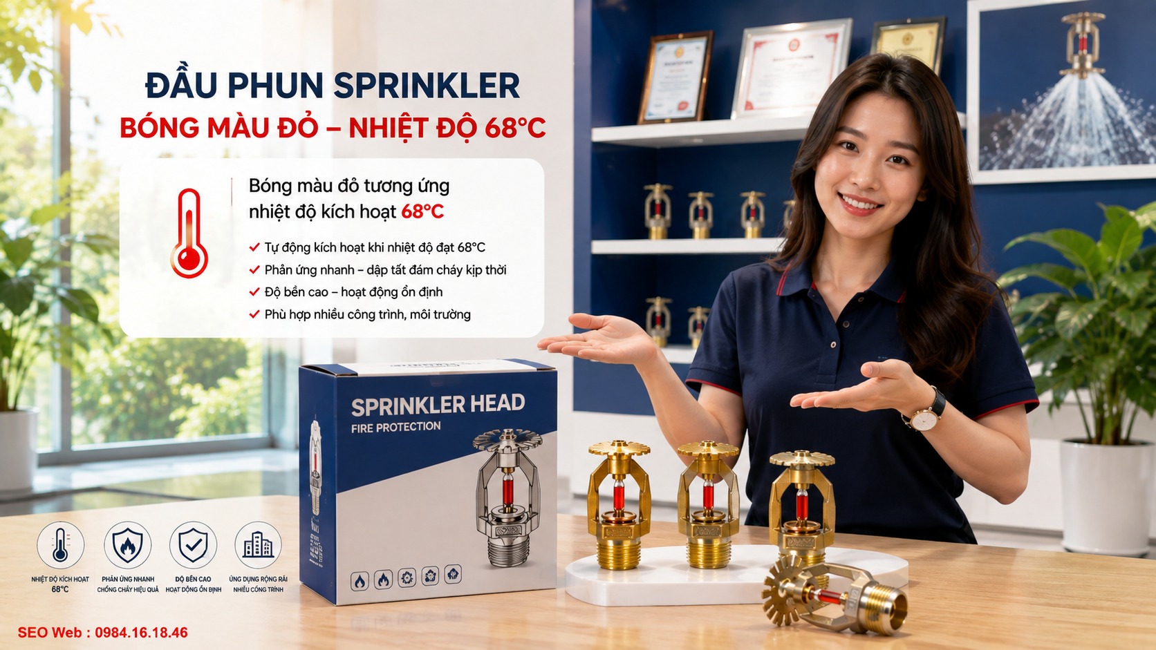 Màu đỏ giúp nhận biết nhanh cấp nhiệt Sprinkler 68°C Bóng thủy tinh màu đỏ biểu thị ngưỡng kích hoạt khoảng 68°C thường gặp trên đầu phun Sprinkler