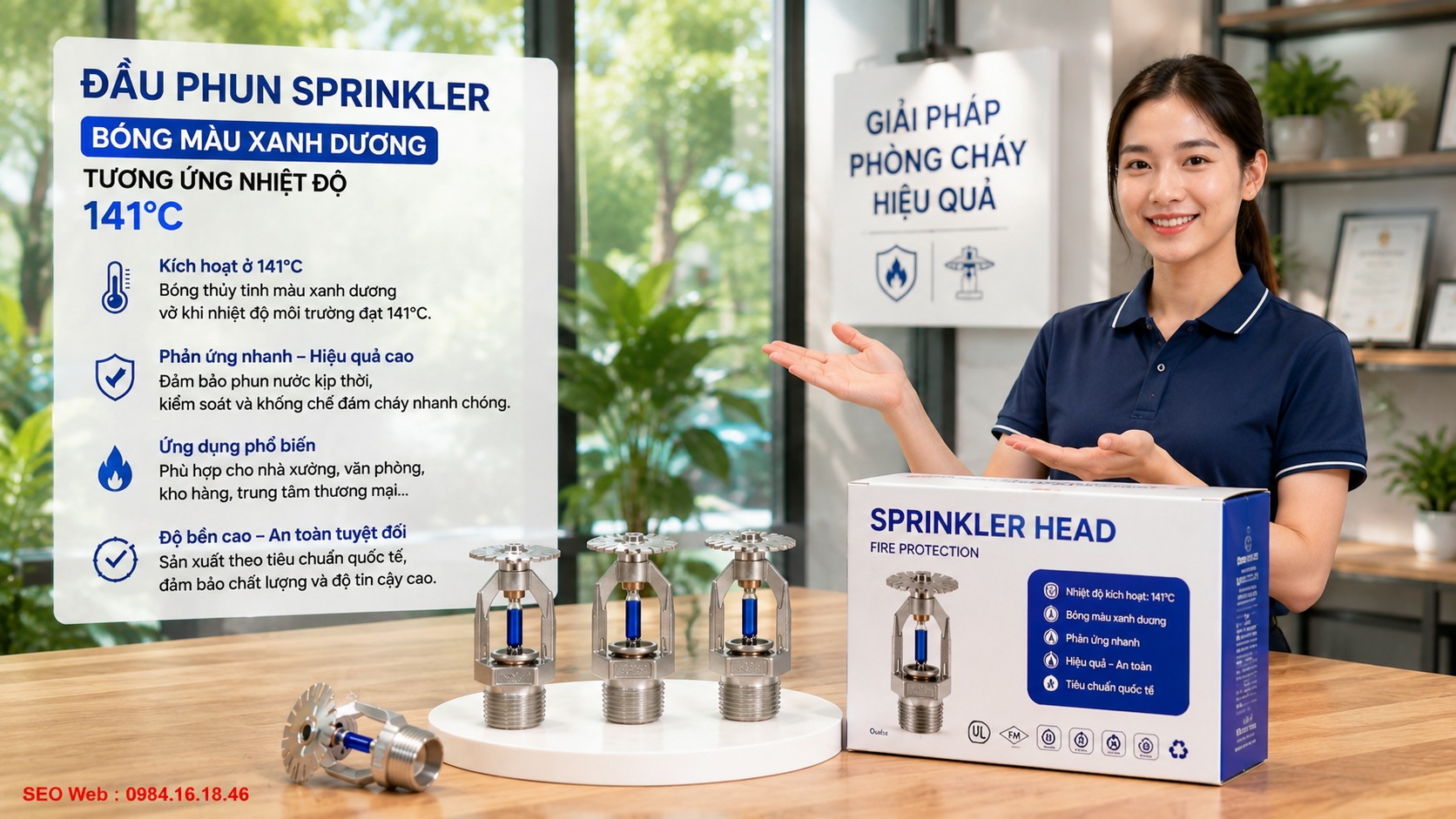Nhận biết cấp nhiệt cao của Sprinkler qua bóng xanh dương Bóng thủy tinh màu xanh dương nhận diện mức nhiệt kích hoạt khoảng 141°C trong hệ thống Sprinkler