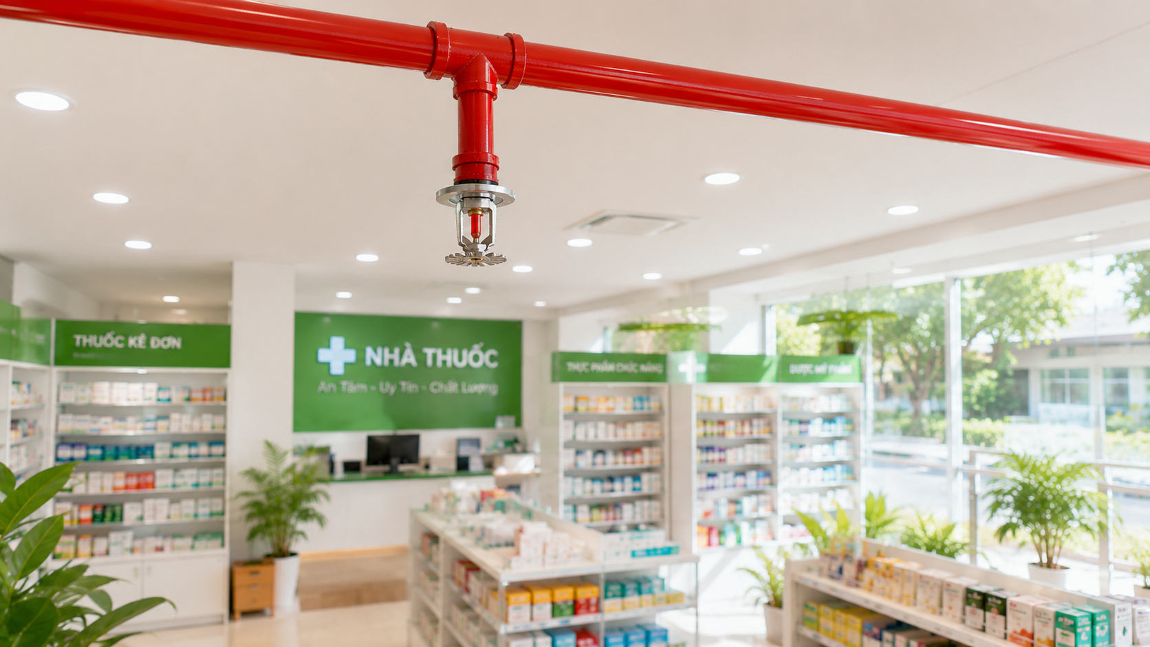 Đầu phun chữa cháy Sprinkler hướng xuống lắp đặt trên hệ thống đường ống