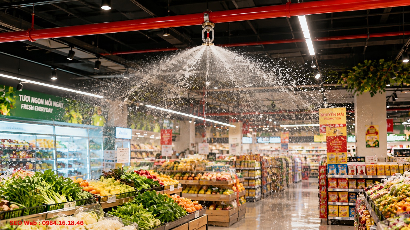 Quá trình phân phối nước sau khi đầu phun được kích hoạt Nước được giải phóng qua đầu phun Sprinkler rồi phân tán nhờ tấm định hướng dòng