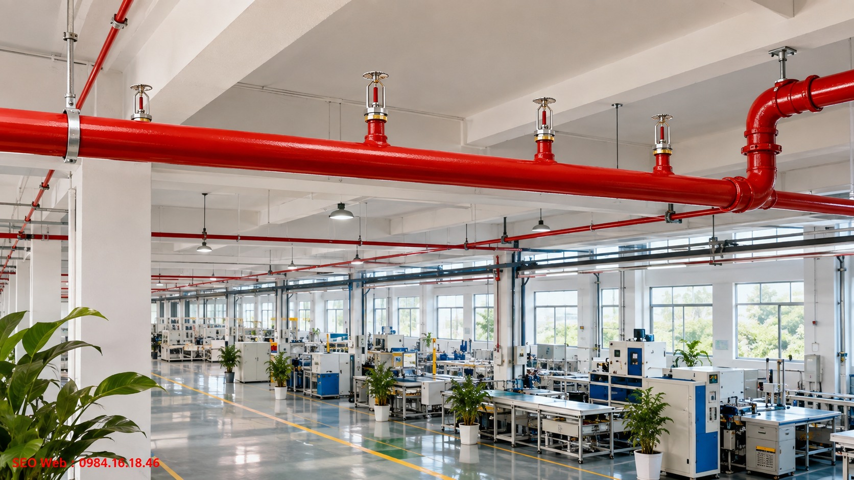 Ứng dụng đầu phun hướng lên cho khu vực sản xuất Đầu phun Sprinkler hướng lên lắp đặt trong nhà xưởng sản xuất