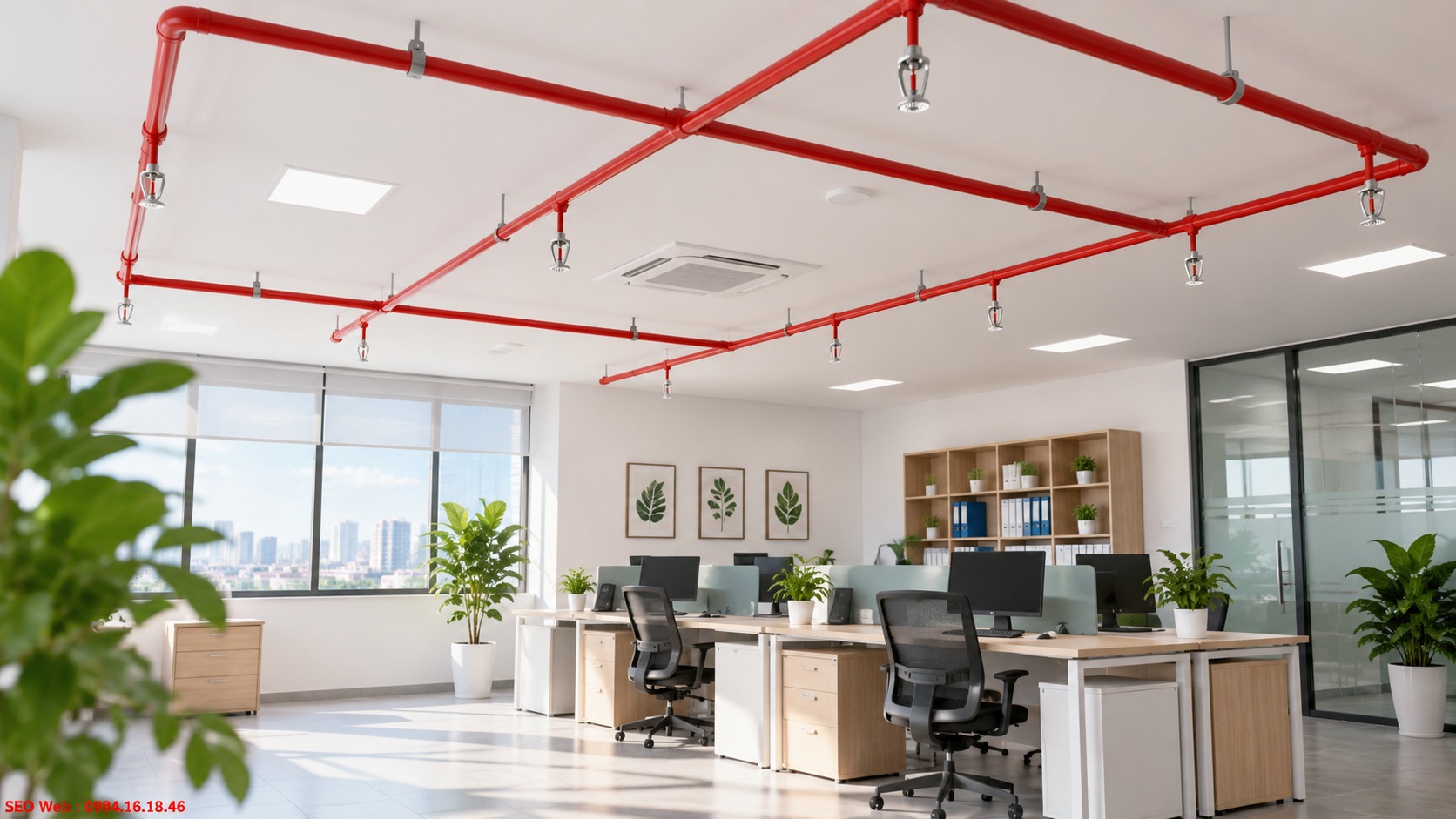 Cách sắp xếp đầu phun Sprinkler phù hợp cho không gian phòng vuông Bố trí đầu phun Sprinkler hướng xuống cân đối trong phòng có mặt bằng vuông