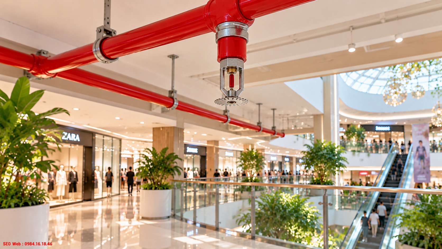 Giải pháp đầu phun hướng xuống cho trung tâm thương mại hiện đại Đầu phun Sprinkler cho công trình thương mại cân bằng hiệu quả và tính thẩm mỹ
