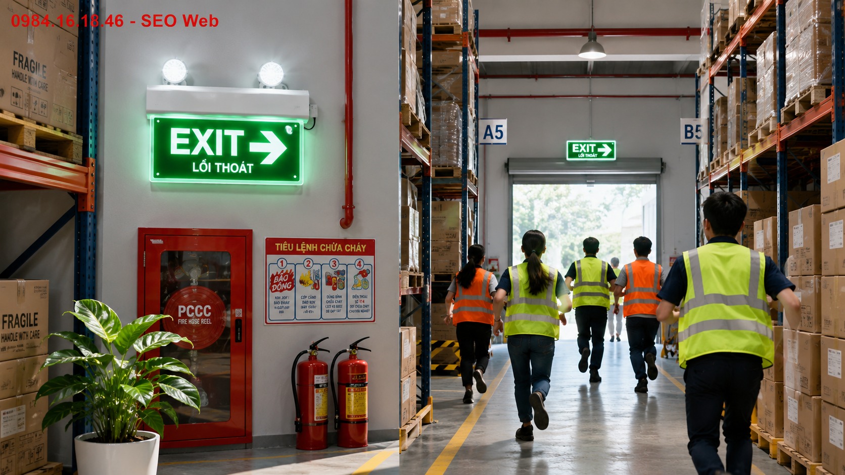 Đèn Exit trong nhà xưởng công nghiệp giúp công nhân xác định lối thoát