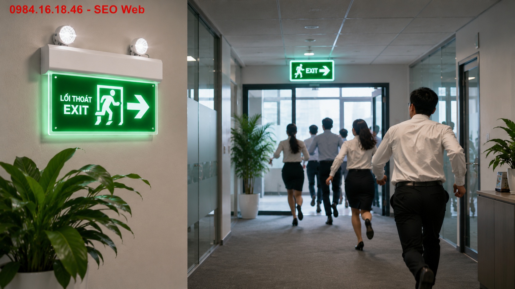 Đèn Exit trong tòa nhà văn phòng hỗ trợ nhân viên thoát hiểm an toàn