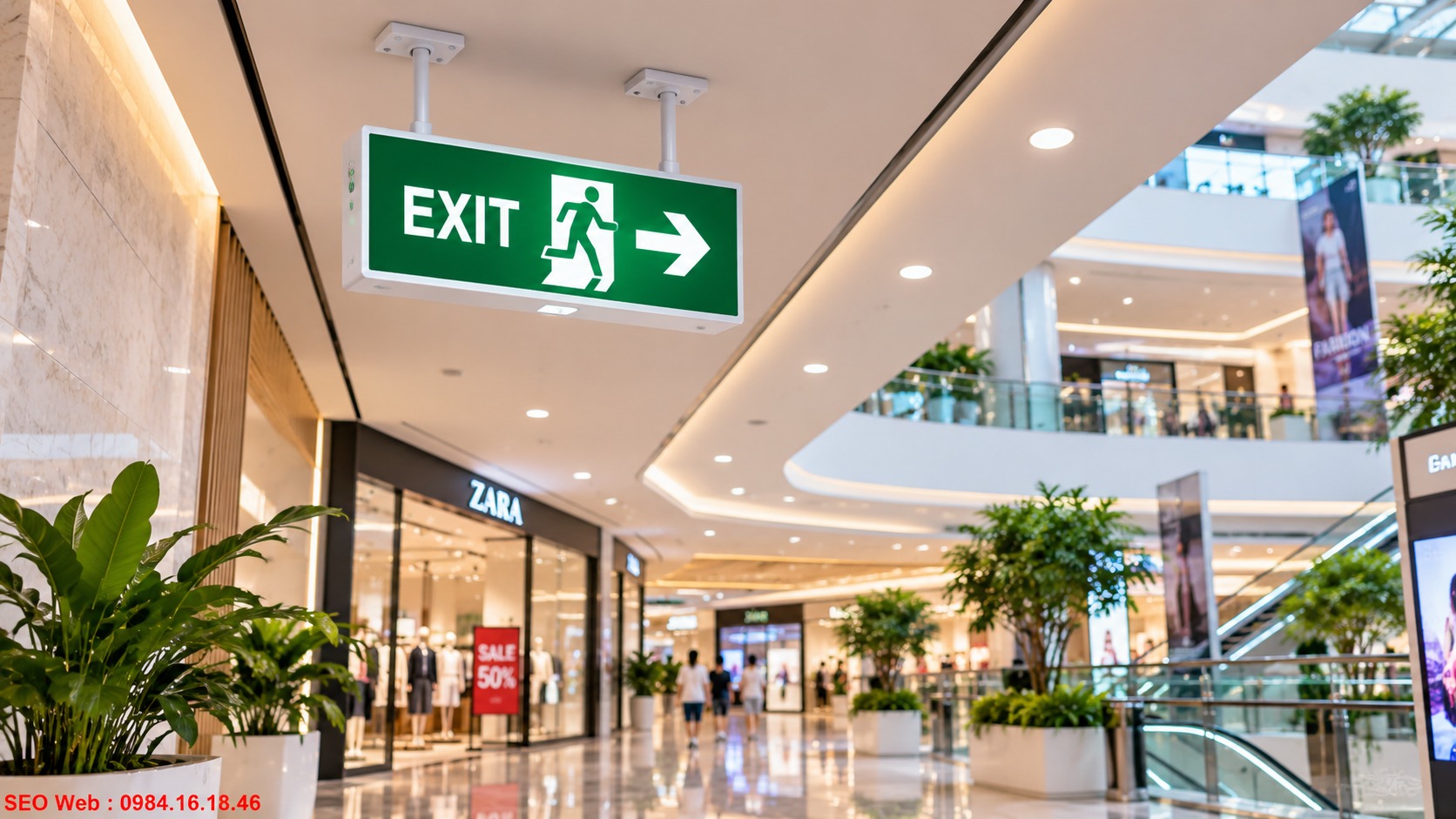 Đèn Exit trong trung tâm thương mại hướng dẫn khách di chuyển khi khẩn cấp