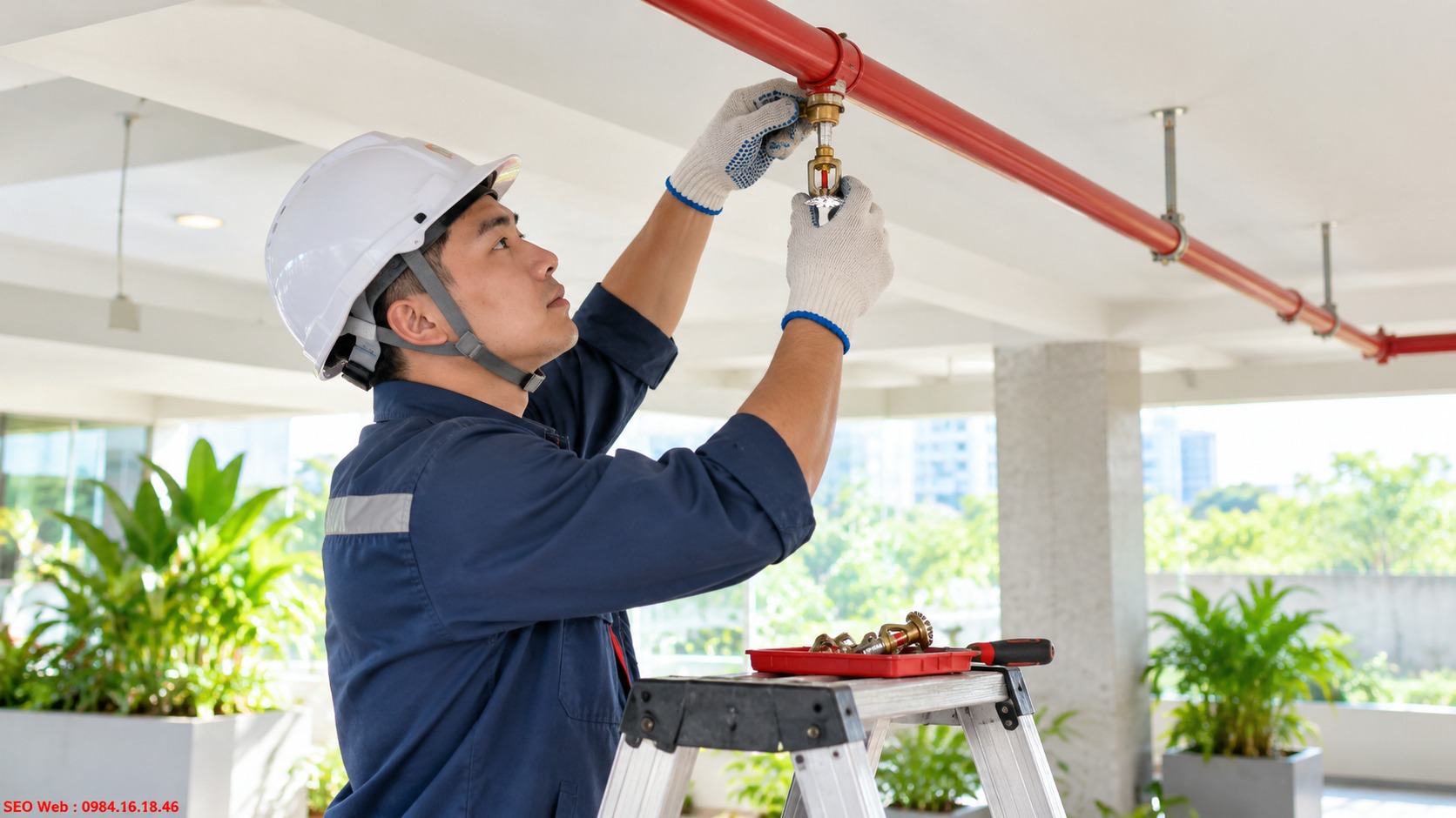 Kỹ thuật viên lắp đầu phun Sprinkler hướng xuống vào đường ống