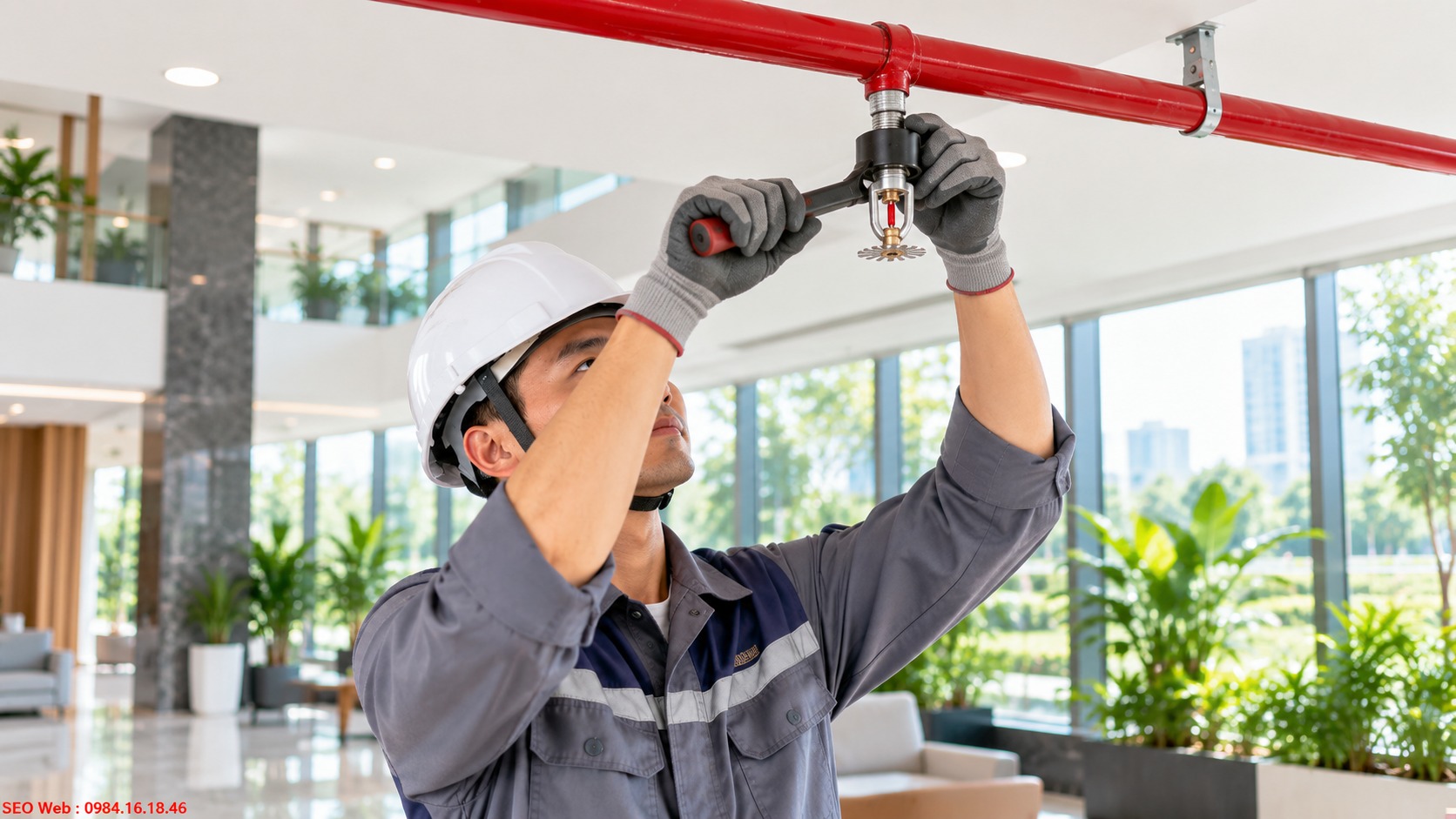 Siết đầu phun Sprinkler bằng cờ lê chuyên dụng đúng vị trí kỹ thuật