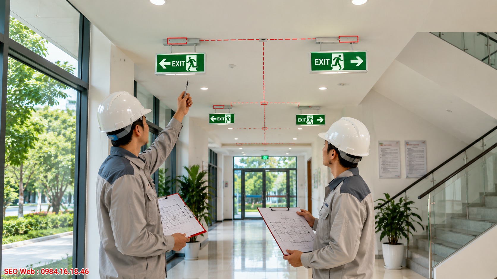 Đèn Exit cần lắp tại cửa thoát hiểm, hành lang và khu vực cầu thang