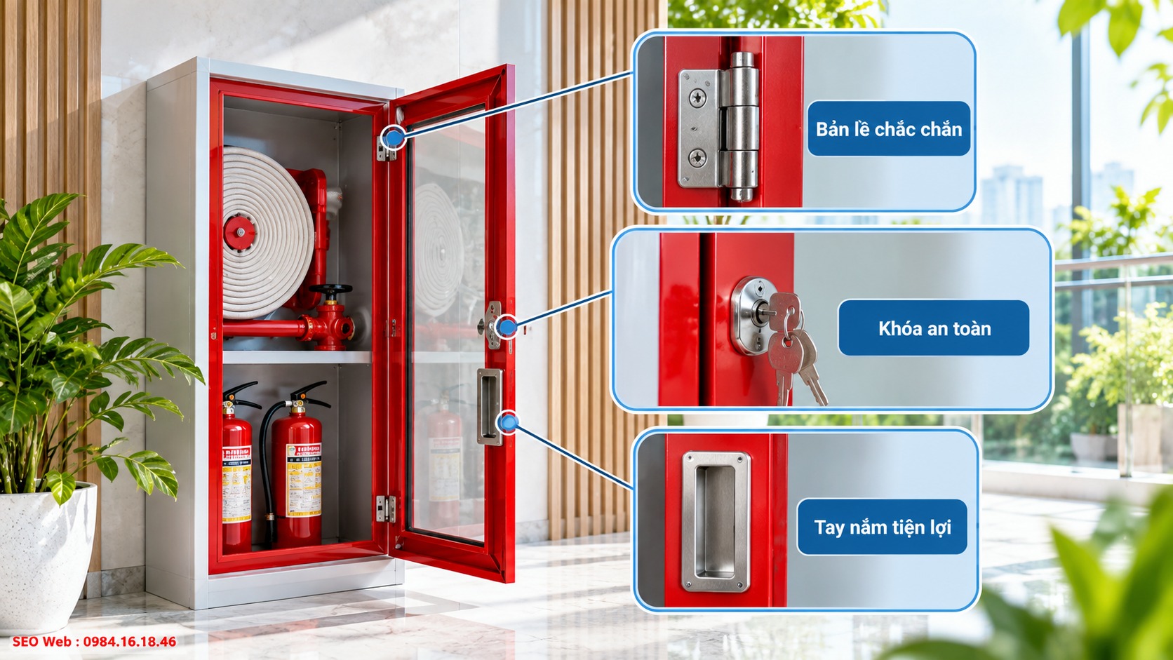 Bản lề khóa và tay nắm cửa tủ chữa cháy cần hoạt động ổn định