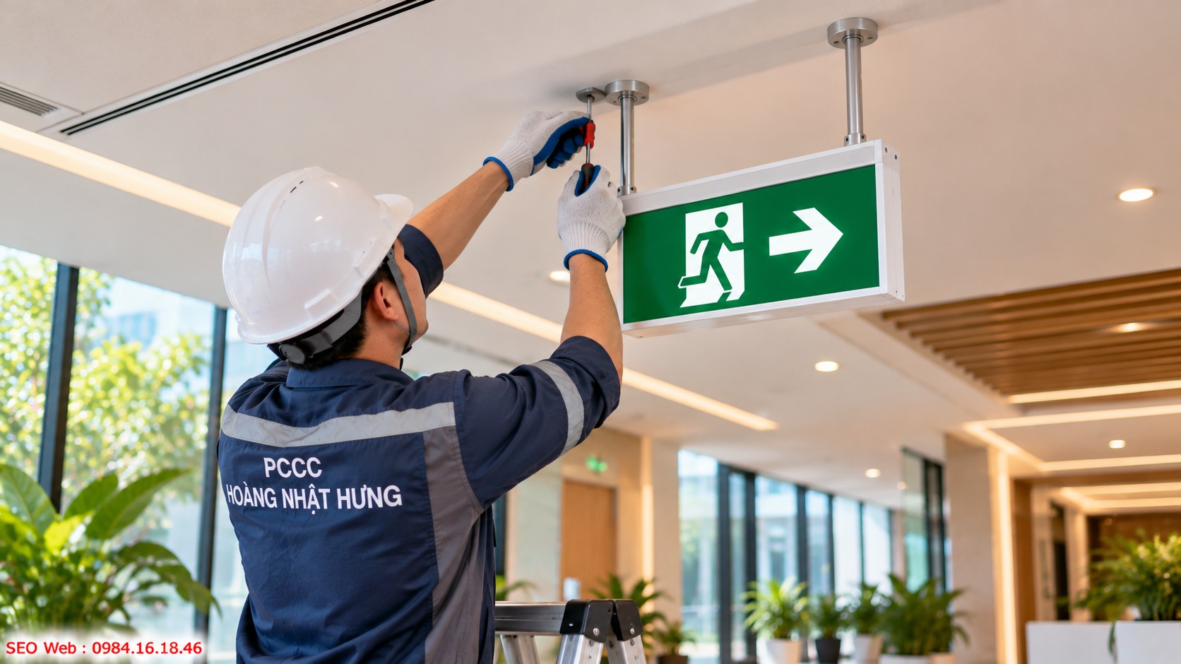 Kỹ thuật treo đèn Exit chắc chắn giúp biển luôn cân bằng Đèn Exit treo trần hỗ trợ quan sát tốt trong hành lang rộng