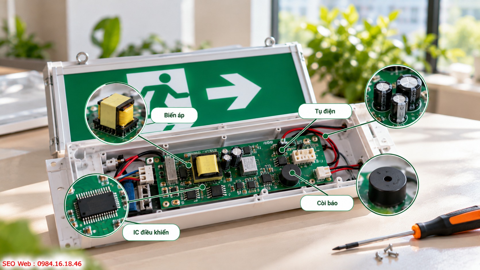Bảng mạch kết nối nguồn, pin và hệ thống LED bên trong đèn