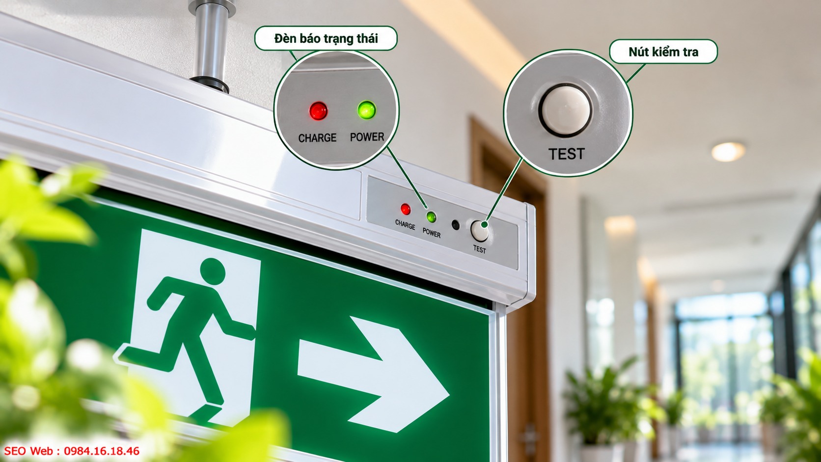 Đèn báo và nút test hỗ trợ kiểm tra nguồn cùng pin dự phòng