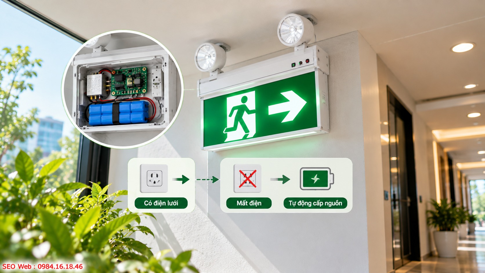 Nguồn dự phòng hỗ trợ đèn Exit duy trì chiếu sáng liên tục Bộ lưu điện bảo đảm ánh sáng chỉ dẫn không bị gián đoạn