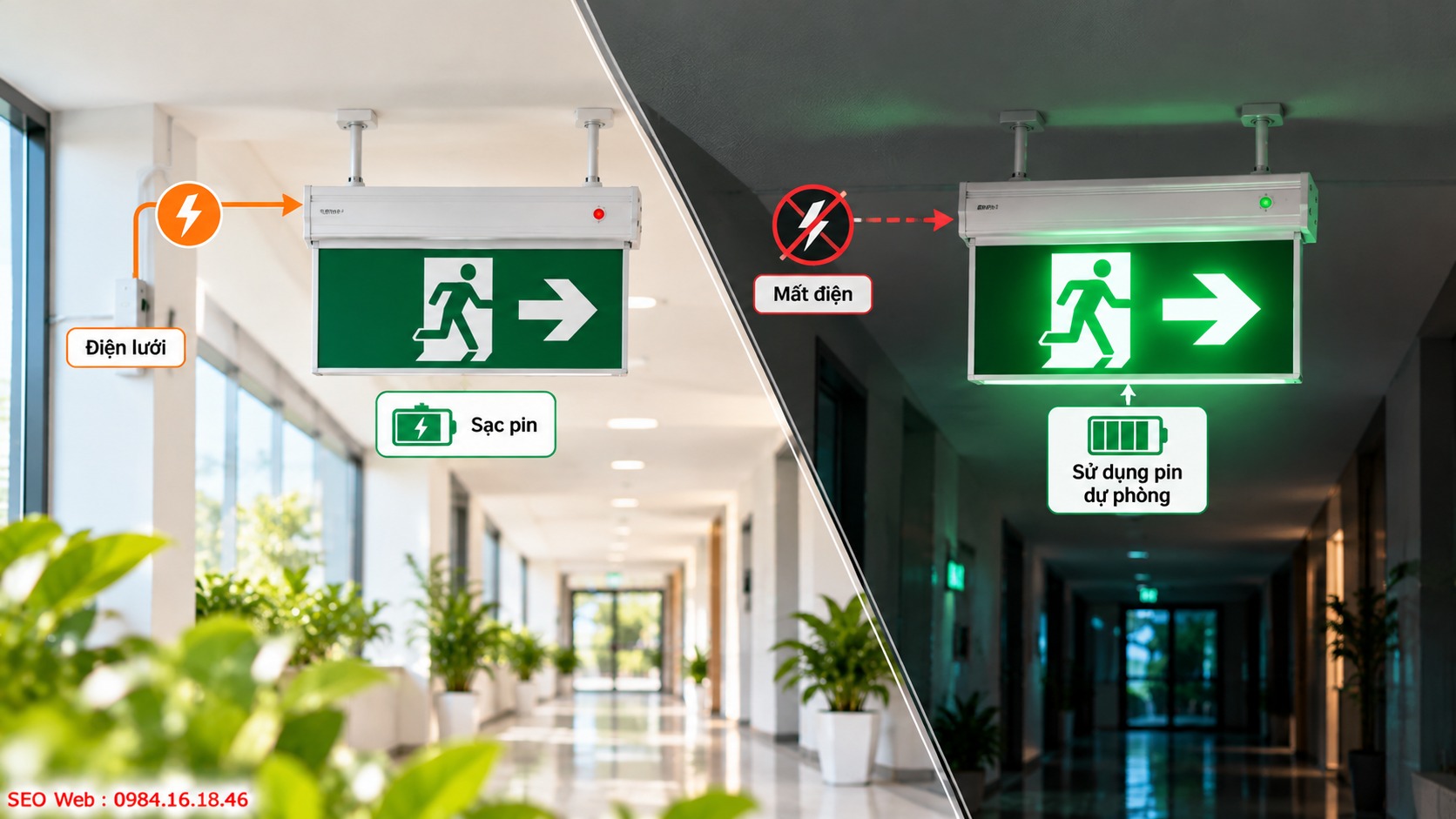 Đèn Exit tự động chuyển nguồn để duy trì khả năng chỉ dẫn liên tục
