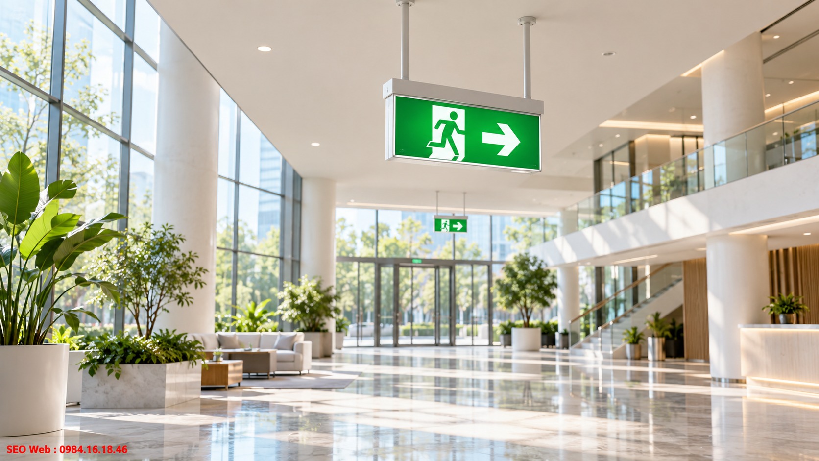 Đèn Exit treo trần tạo góc quan sát thuận lợi từ nhiều hướng