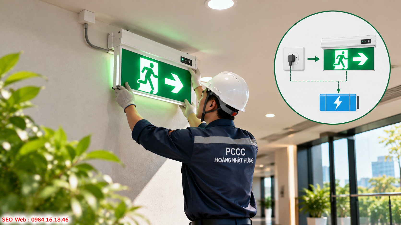 Trạng thái vận hành đèn Exit khi nguồn điện chính ổn định Điện lưới vừa cấp sáng vừa duy trì sạc pin dự phòng