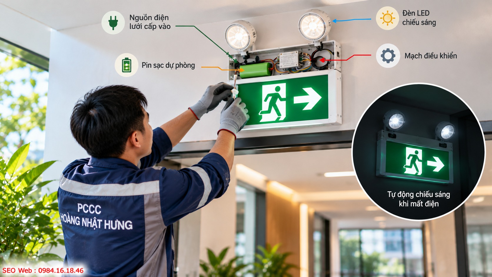 Cách đèn Exit vận hành và giữ biển thoát hiểm luôn sáng Đèn Exit hoạt động bằng nguồn điện chính và pin dự phòng