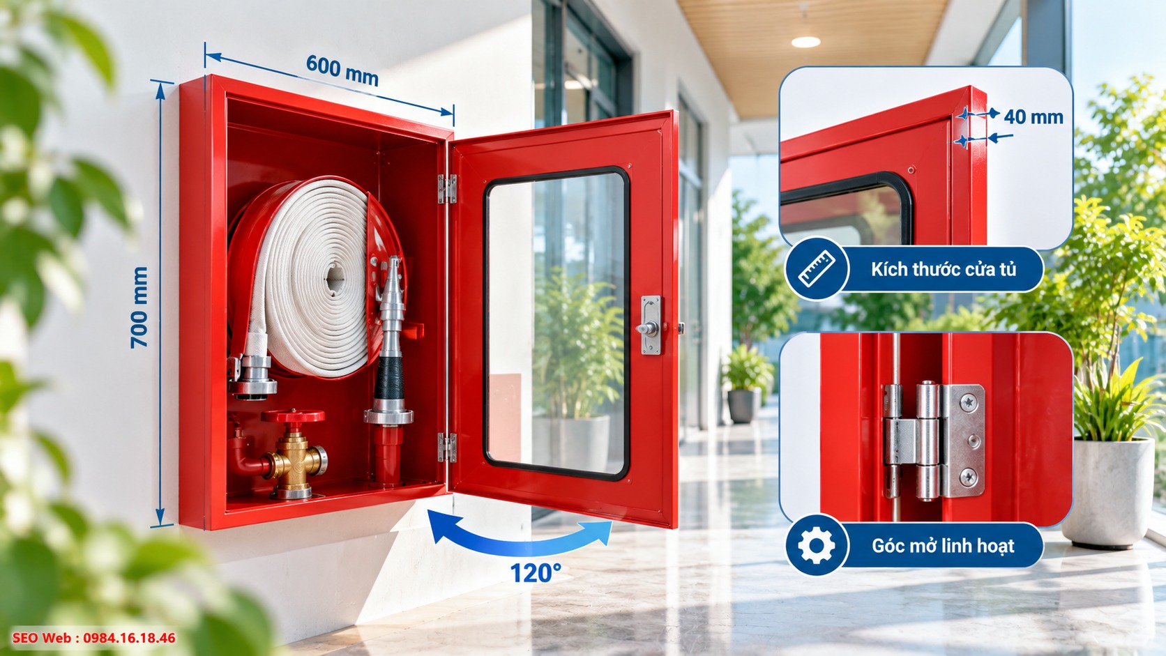 Kích thước cửa tủ chữa cháy và góc mở thuận tiện khi sử dụng