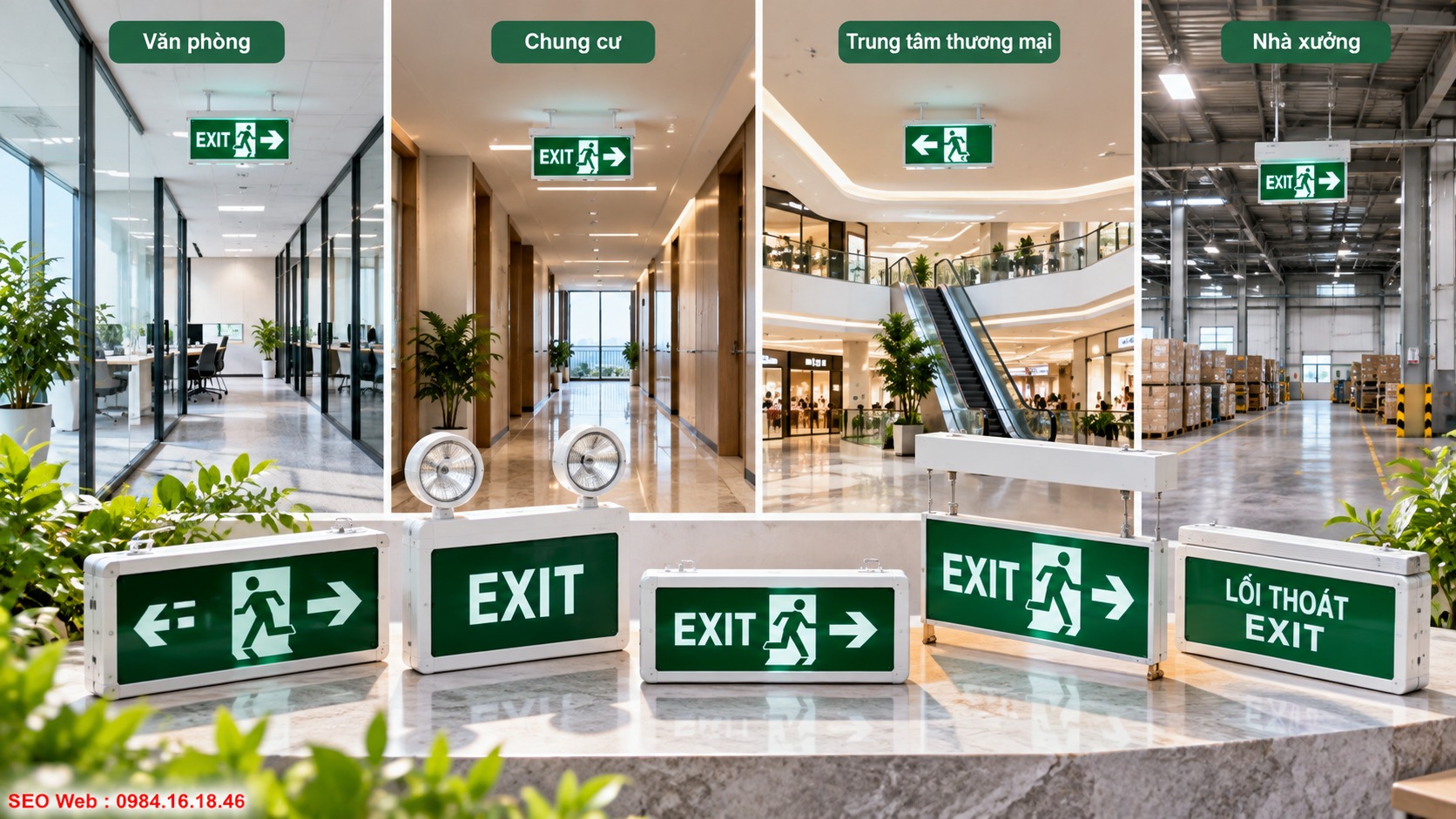 Chọn mẫu đèn Exit theo kiến trúc và đặc điểm từng công trình Mỗi loại công trình cần lựa chọn đèn Exit phù hợp điều kiện sử dụng