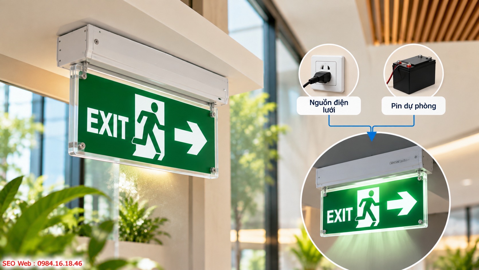 Cơ chế cấp nguồn giúp đèn Exit duy trì chỉ dẫn liên tục Đèn tự chuyển sang nguồn pin khi điện lưới bị gián đoạn
