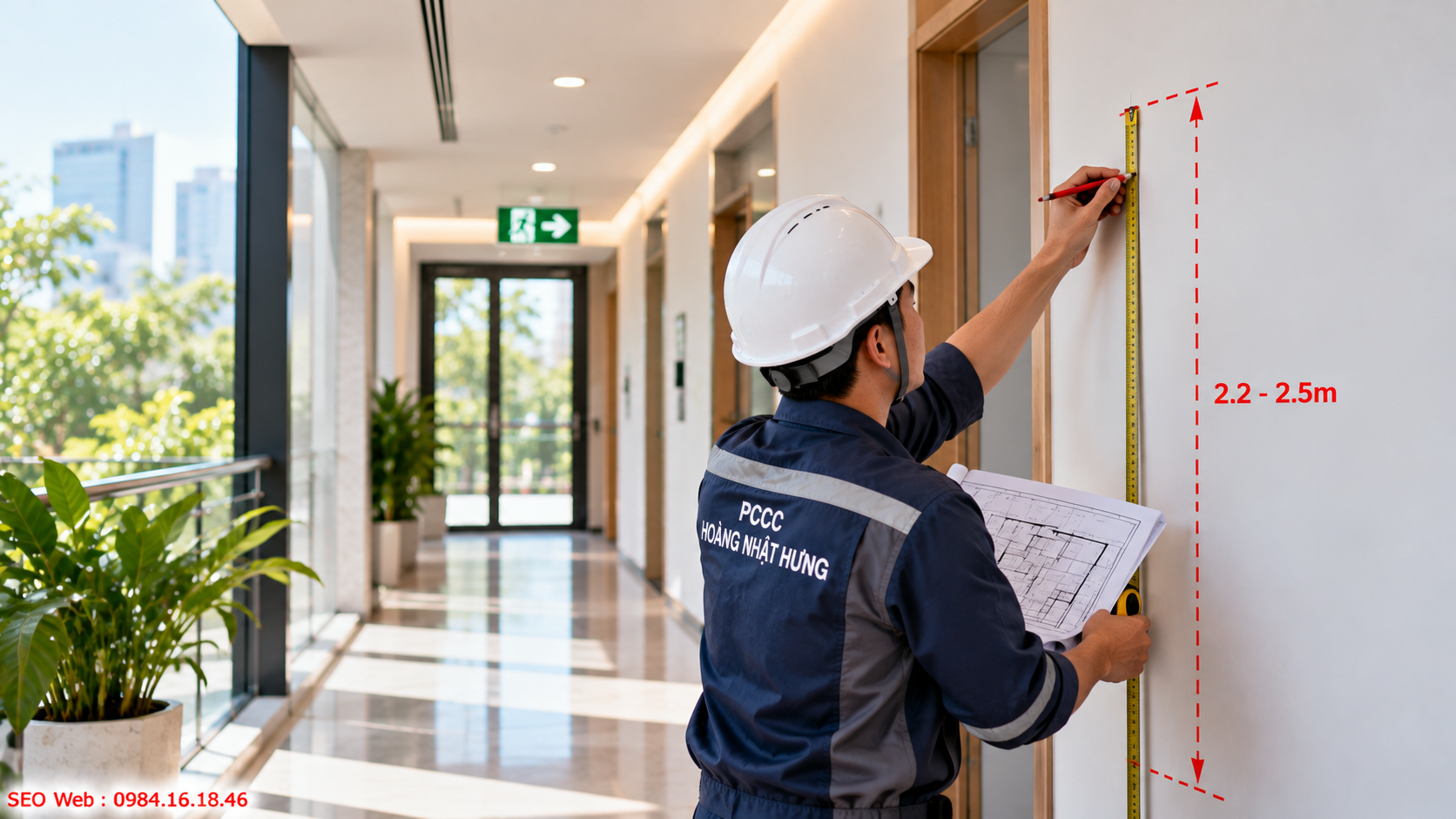 Cách bố trí cao độ đèn Exit phù hợp với tầm nhìn thực tế Chiều cao hợp lý giúp biển Exit dễ nhận biết từ nhiều hướng